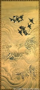 sparrows flying over a swirling sea, painting by Shuki Okamoto