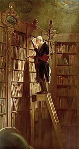 painting, man on library ladder, reading