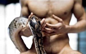 nude athletic man holding python