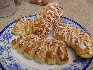 bearclaw pastries on white and blue plate