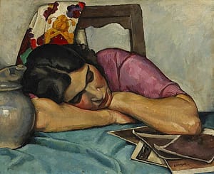 black-haired woman leaning on hands, painting by Edwin Holgate