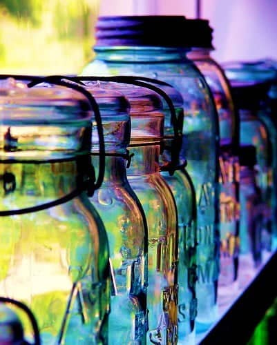 colorful Mason jars on shelves