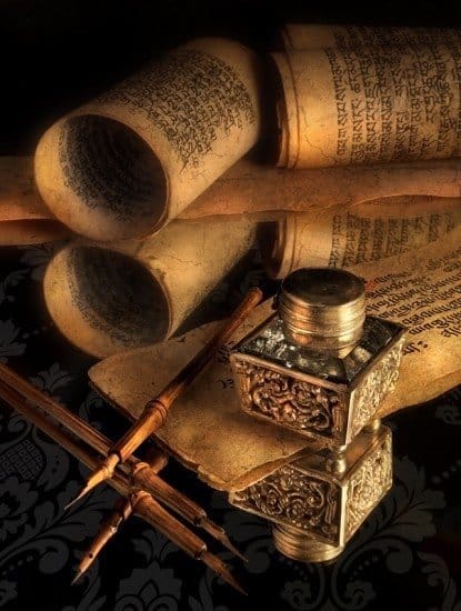 brush, bronze ink pot, scrolls