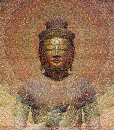 mandala lines radiate from Buddha statue